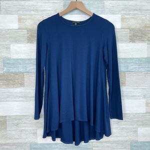 Eileen Fisher High Low Swing Tunic Top Blue Stretch Jersey Knit Casual Womens XS